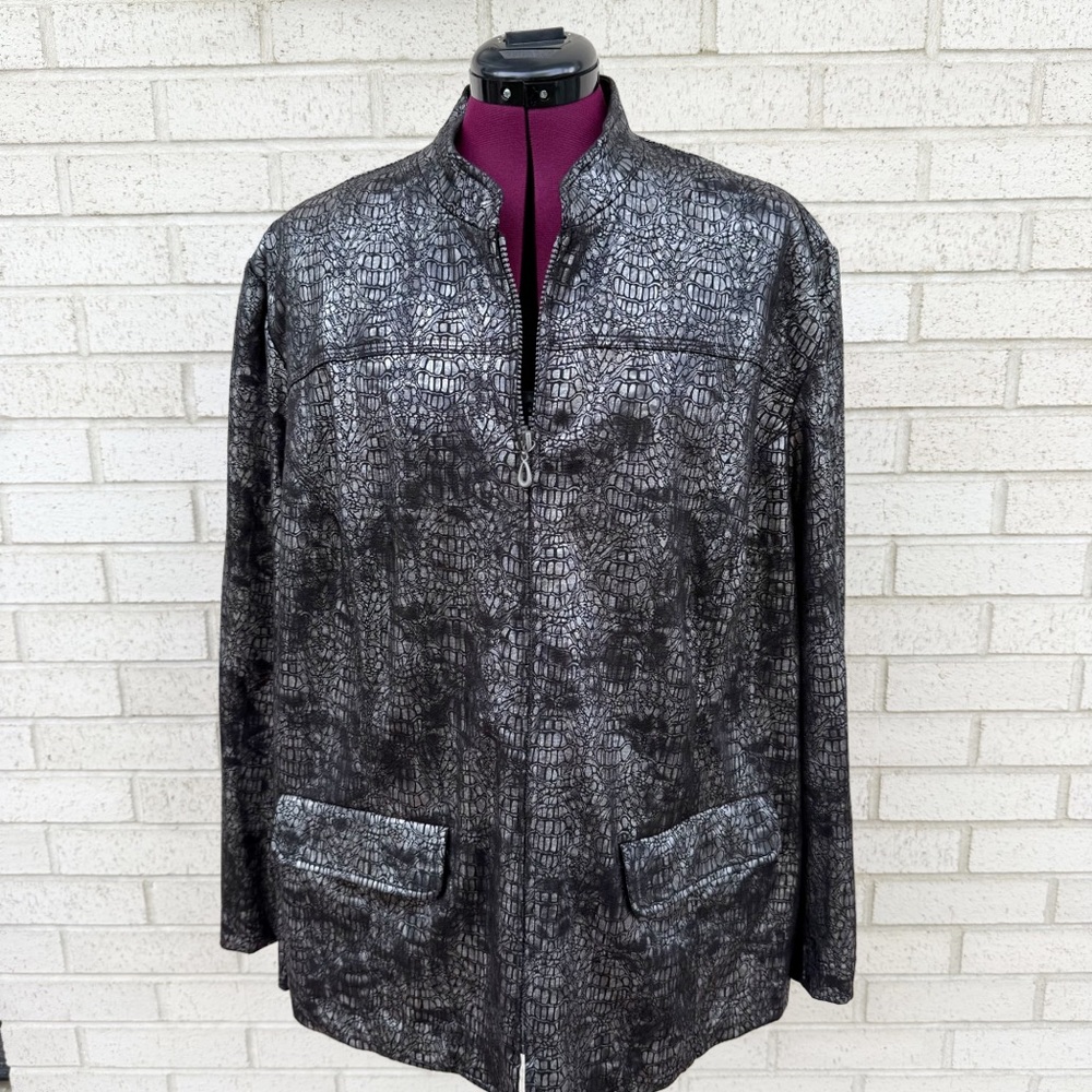 Alfred Dunner Metallic Jacket Blazer Scaled Gunmetal Gray Silver Black Size 22W